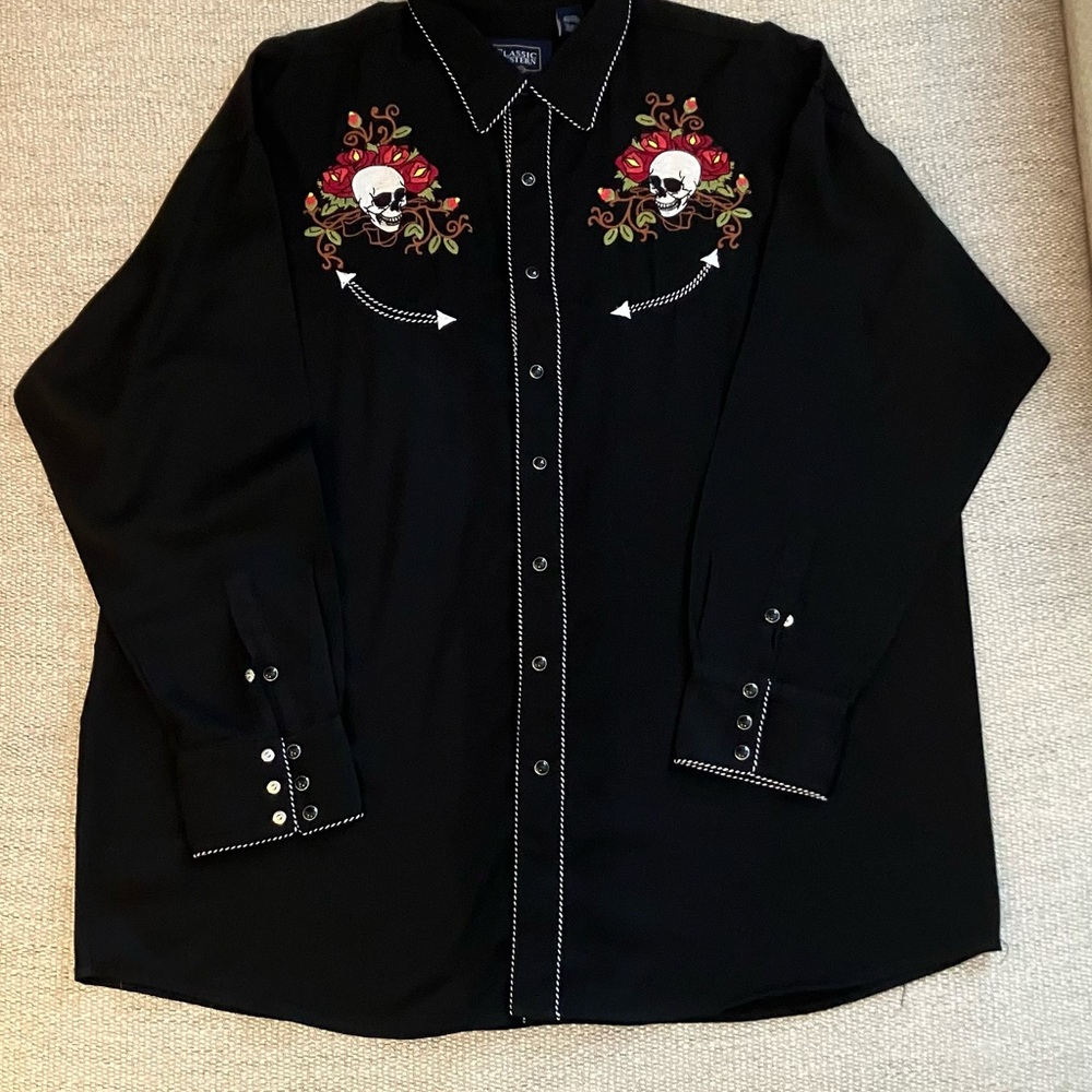 Black Embroidered Skull Western Shirt
